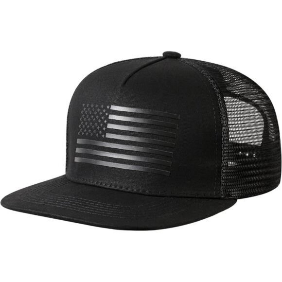American flag snapback trucker hat flat bill adjustable baseball cap mesh back - Picture 1 of 7